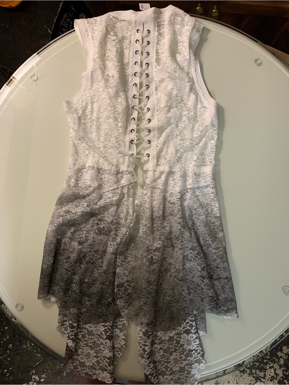 White to Gray Ombre Lace Vest/Overlay with Lace Up Back - Picture 5 of 8